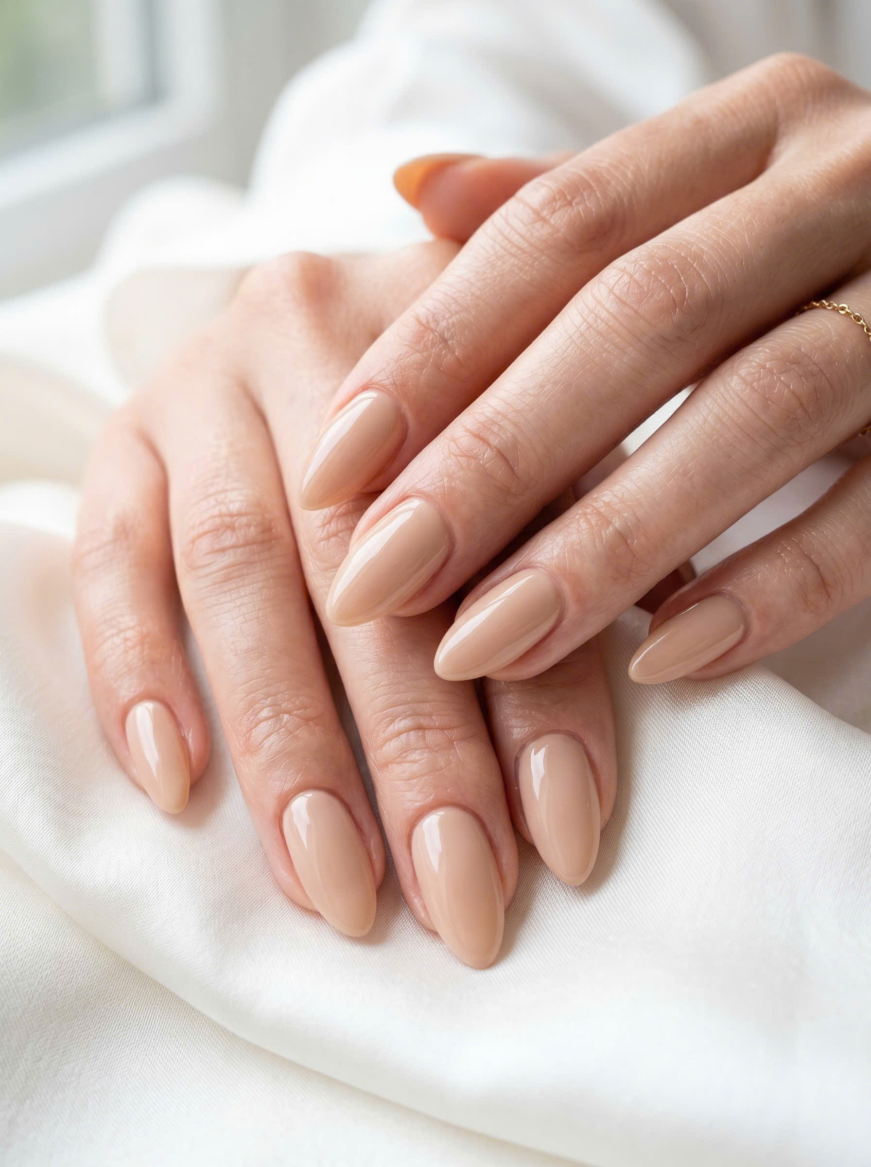 Clean neutral nail set with detailed shaping