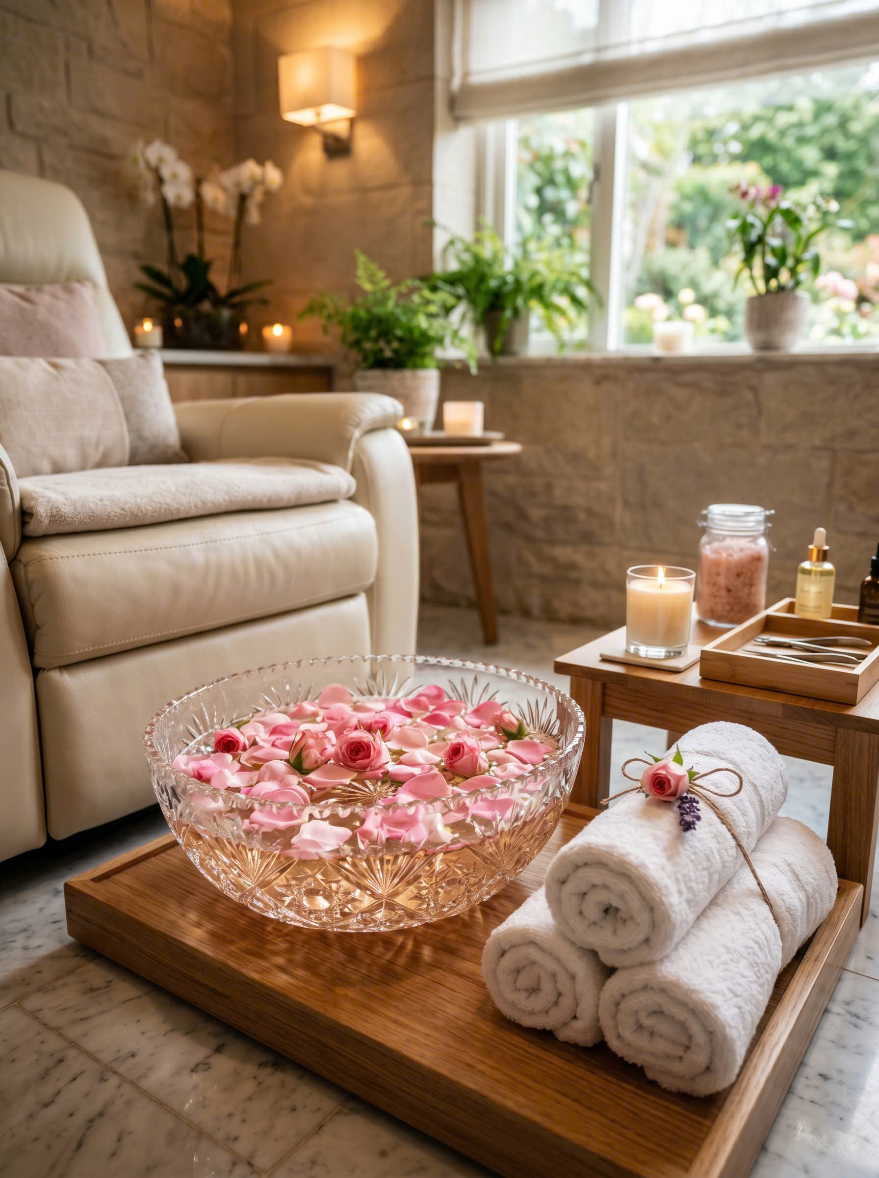 Pedicure station with soaking bowl and towels